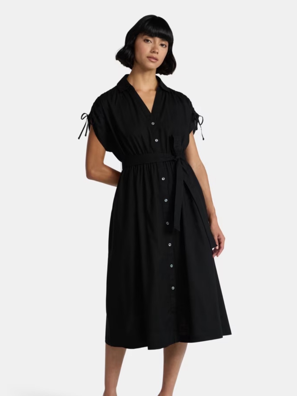 Time and Tru Black Button-Front Tie-Waist Midi Dress